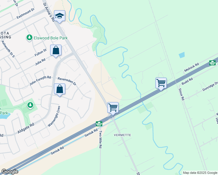 map of restaurants, bars, coffee shops, grocery stores, and more near 100 Creek Bend Road in Winnipeg