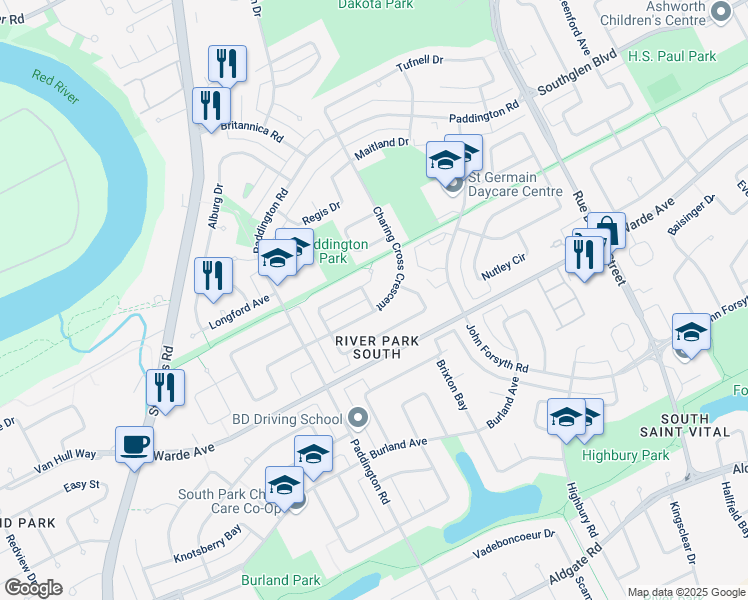 map of restaurants, bars, coffee shops, grocery stores, and more near 163 Charing Cross Crescent in Winnipeg
