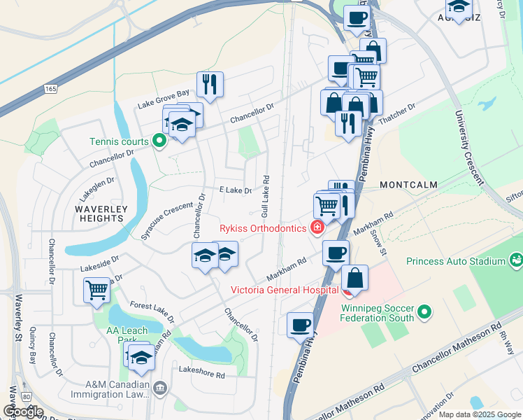 map of restaurants, bars, coffee shops, grocery stores, and more near 16 Gundy Lake Bay in Winnipeg
