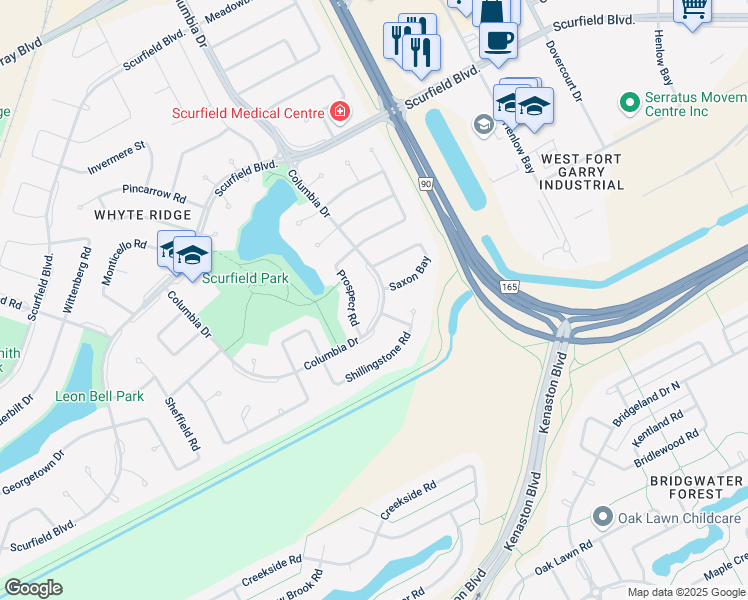 map of restaurants, bars, coffee shops, grocery stores, and more near 279 Columbia Drive in Winnipeg