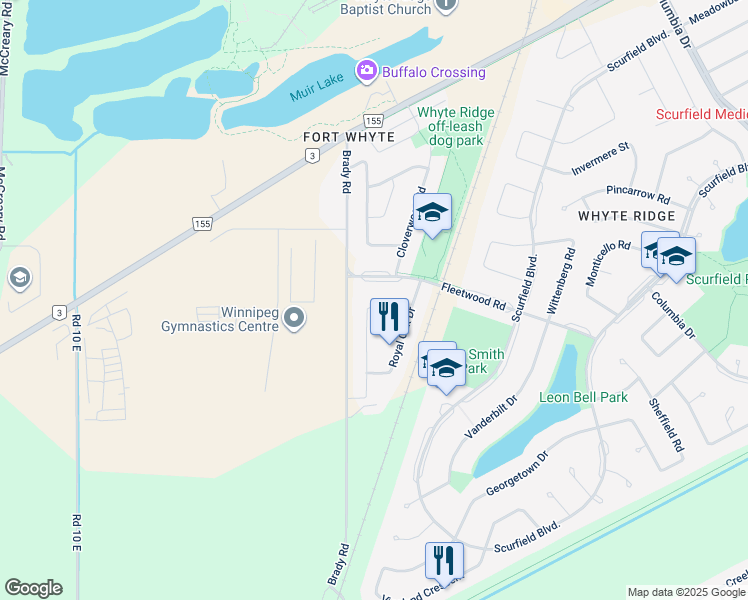 map of restaurants, bars, coffee shops, grocery stores, and more near 39 Cedar Glen Road in Winnipeg