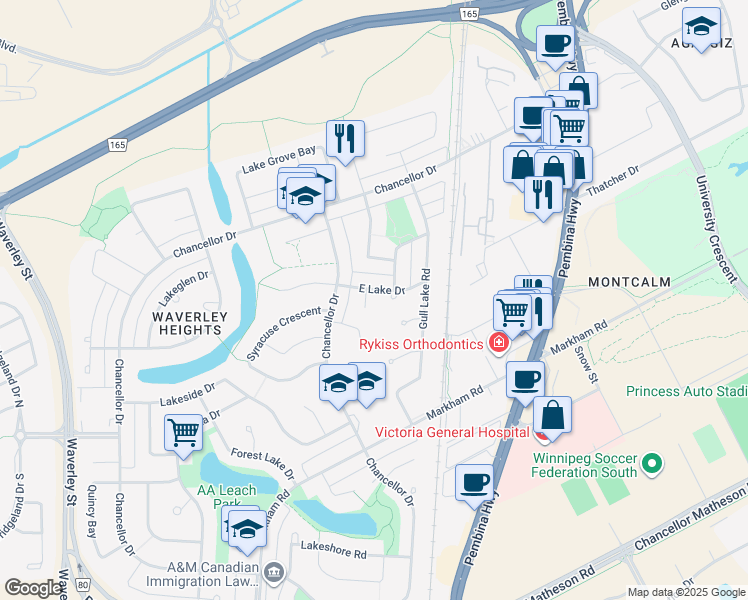 map of restaurants, bars, coffee shops, grocery stores, and more near 6 Sandy Lake Place in Winnipeg