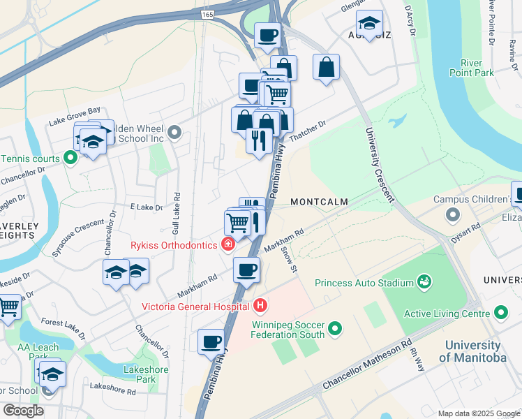map of restaurants, bars, coffee shops, grocery stores, and more near 88 Southpark Drive in Winnipeg