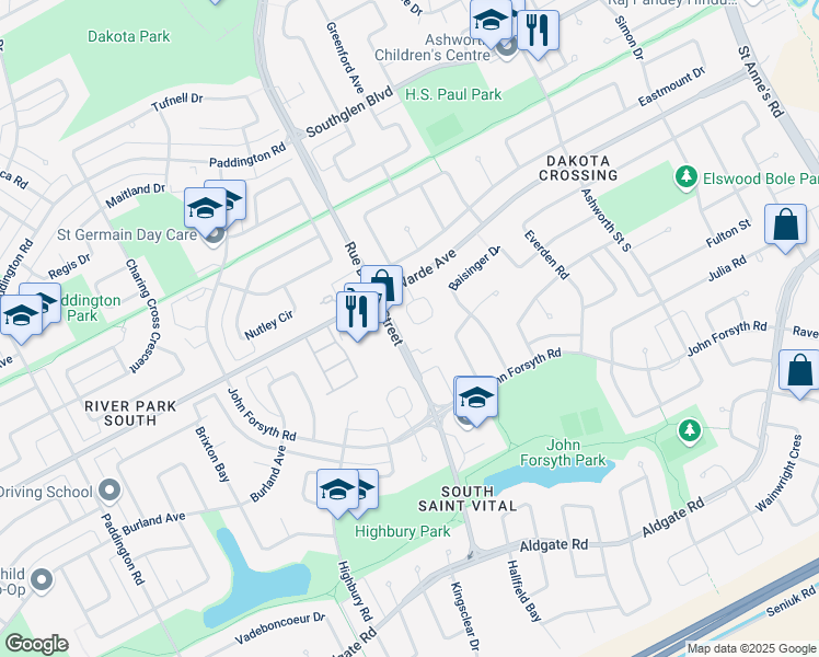 map of restaurants, bars, coffee shops, grocery stores, and more near 740 Warde Avenue in Winnipeg