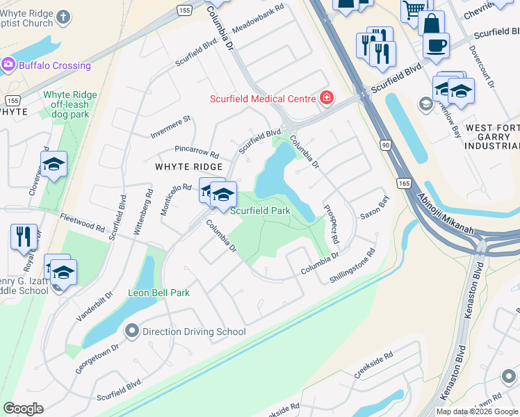map of restaurants, bars, coffee shops, grocery stores, and more near Columbia Drive in Winnipeg