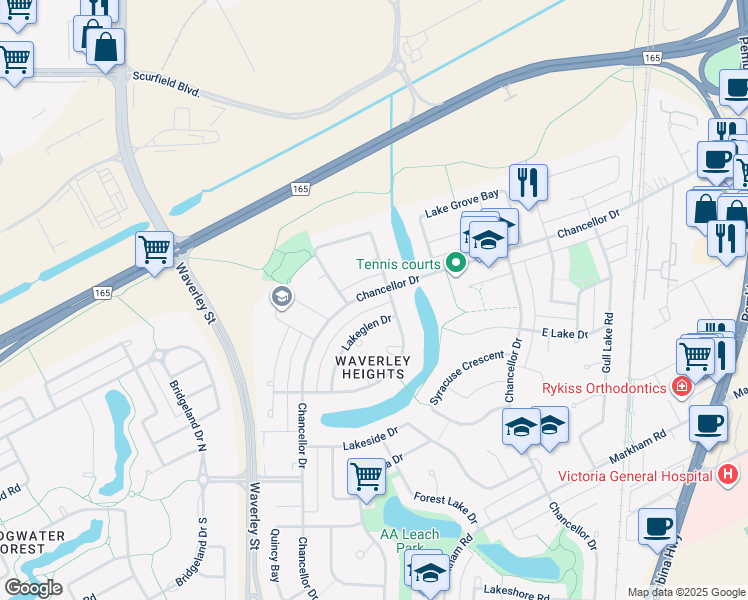 map of restaurants, bars, coffee shops, grocery stores, and more near 1190 Chancellor Drive in Winnipeg