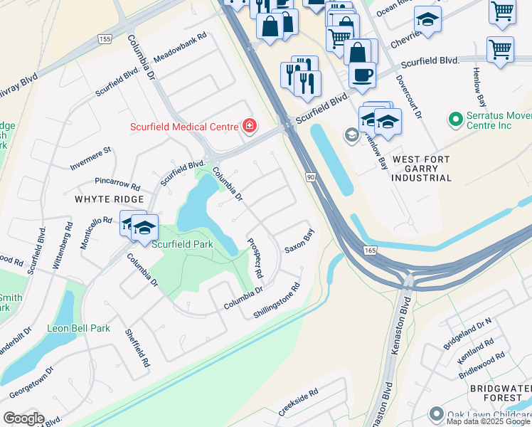 map of restaurants, bars, coffee shops, grocery stores, and more near 141 Burlington Way in Winnipeg