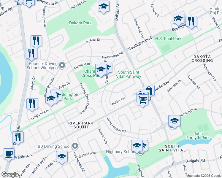 map of restaurants, bars, coffee shops, grocery stores, and more near 82 Mansfield Crescent in Winnipeg