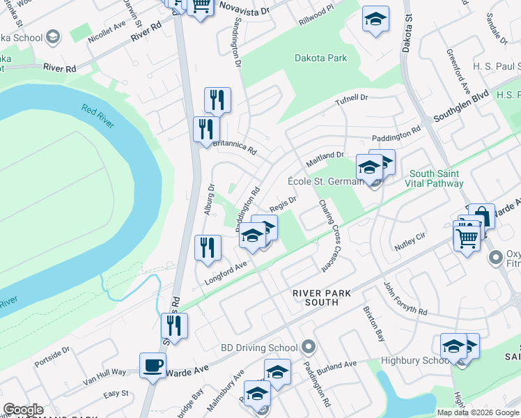map of restaurants, bars, coffee shops, grocery stores, and more near 134 Regis Drive in Winnipeg