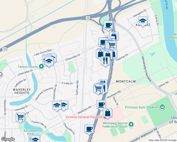 map of restaurants, bars, coffee shops, grocery stores, and more near 960 Chancellor Drive in Winnipeg