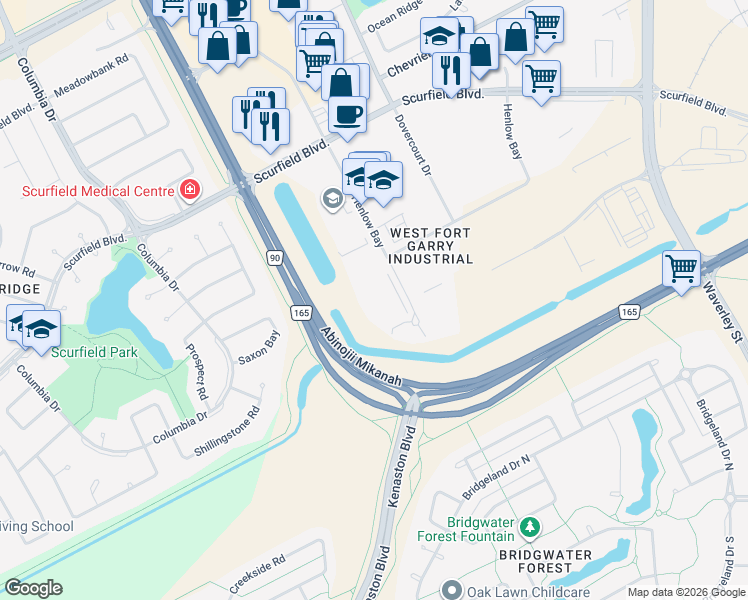 map of restaurants, bars, coffee shops, grocery stores, and more near 11 Fultz Boulevard in Winnipeg