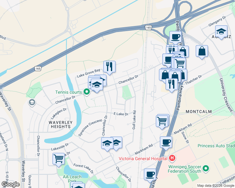 map of restaurants, bars, coffee shops, grocery stores, and more near West Lake Crescent in Winnipeg