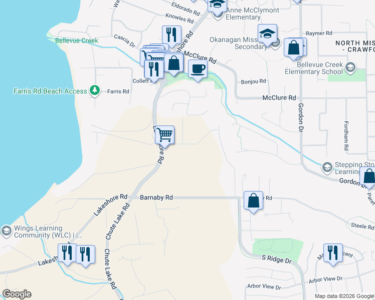 map of restaurants, bars, coffee shops, grocery stores, and more near 4689 Lakeshore Road in Kelowna