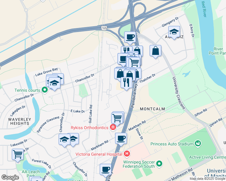 map of restaurants, bars, coffee shops, grocery stores, and more near 932 Chancellor Drive in Winnipeg