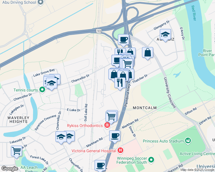 map of restaurants, bars, coffee shops, grocery stores, and more near 936 Chancellor Drive in Winnipeg
