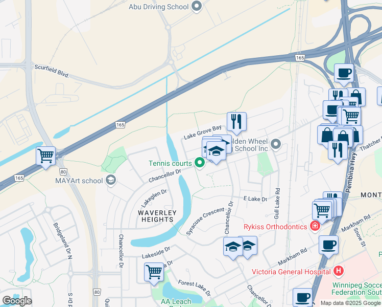 map of restaurants, bars, coffee shops, grocery stores, and more near 59 Peacock Place in Winnipeg