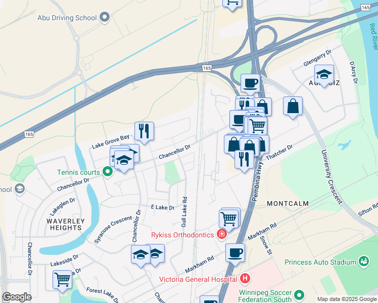 map of restaurants, bars, coffee shops, grocery stores, and more near 1004 Chancellor Drive in Winnipeg