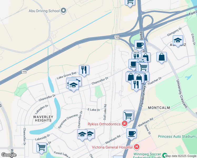 map of restaurants, bars, coffee shops, grocery stores, and more near 1033 Chancellor Drive in Winnipeg