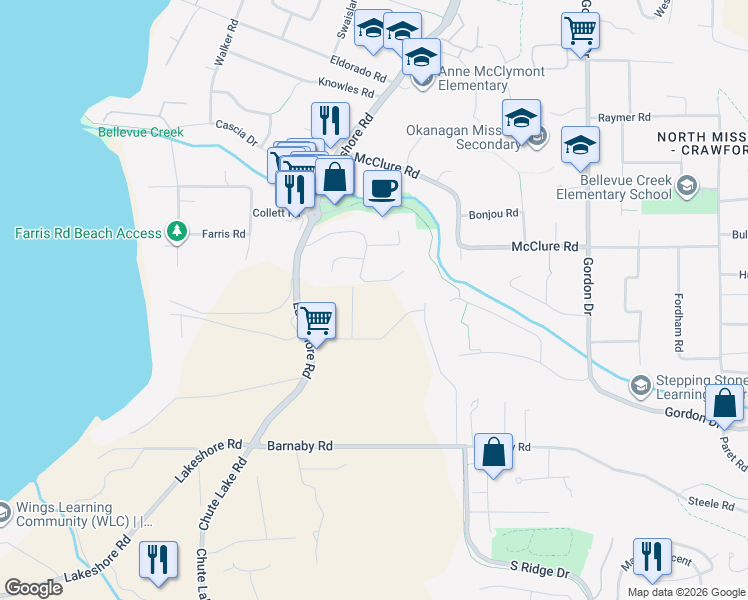map of restaurants, bars, coffee shops, grocery stores, and more near 4689 Lakeshore Road in Kelowna
