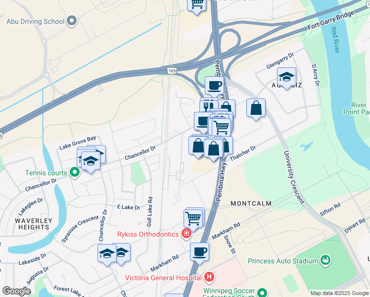 map of restaurants, bars, coffee shops, grocery stores, and more near 944 Chancellor Drive in Winnipeg