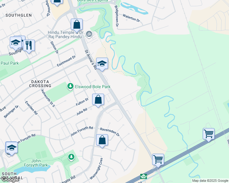 map of restaurants, bars, coffee shops, grocery stores, and more near 1153 Saint Anne's Road in Winnipeg