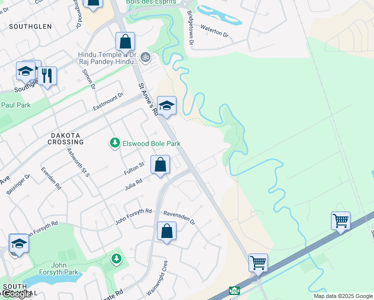 map of restaurants, bars, coffee shops, grocery stores, and more near 1139 Saint Anne's Road in Winnipeg