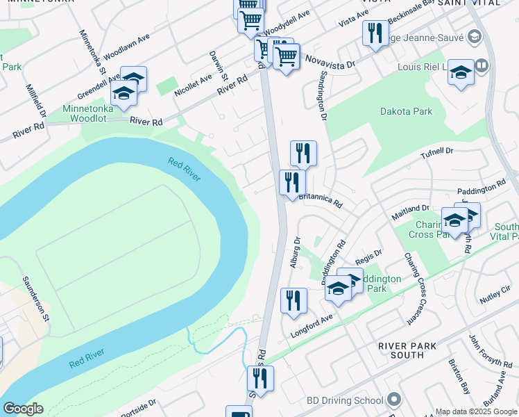 map of restaurants, bars, coffee shops, grocery stores, and more near in Winnipeg