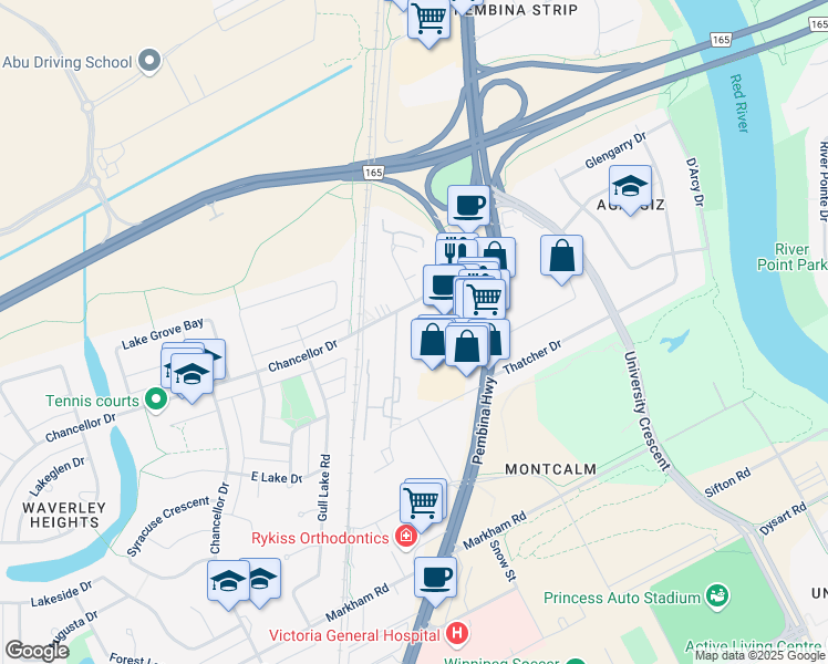 map of restaurants, bars, coffee shops, grocery stores, and more near 944 Chancellor Drive in Winnipeg