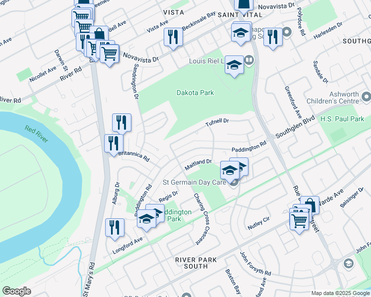 map of restaurants, bars, coffee shops, grocery stores, and more near 139 Paddington Road in Winnipeg