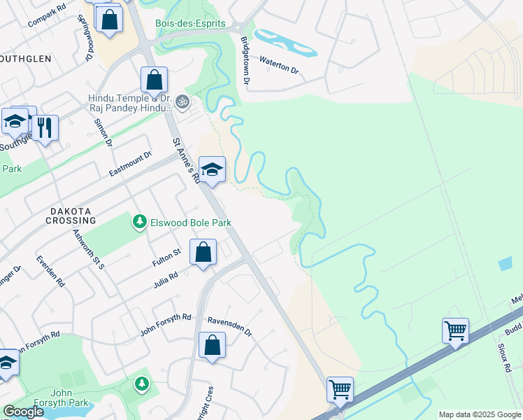 map of restaurants, bars, coffee shops, grocery stores, and more near 1139 Saint Anne's Road in Winnipeg