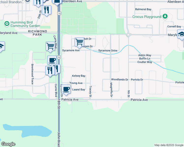 map of restaurants, bars, coffee shops, grocery stores, and more near 2121 Tracey Street in Brandon