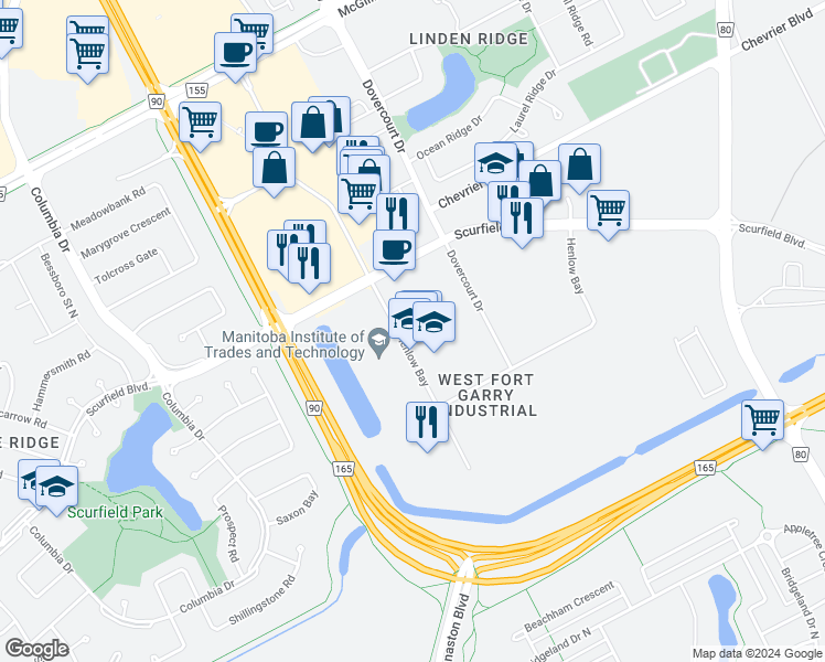 map of restaurants, bars, coffee shops, grocery stores, and more near 187 Henlow Bay in Winnipeg