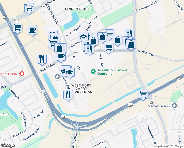 map of restaurants, bars, coffee shops, grocery stores, and more near 55 Henlow Bay in Winnipeg