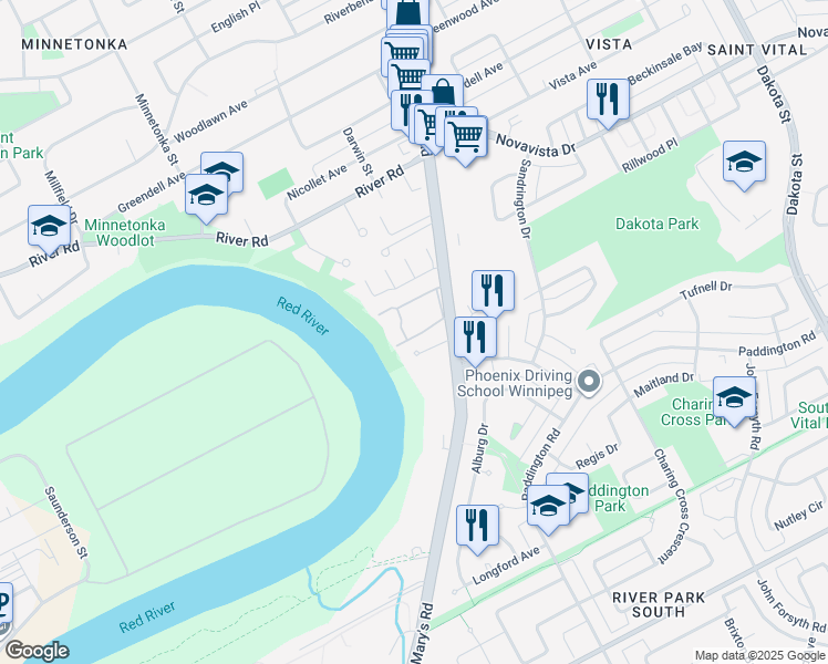 map of restaurants, bars, coffee shops, grocery stores, and more near 1740 Route 52 in Winnipeg