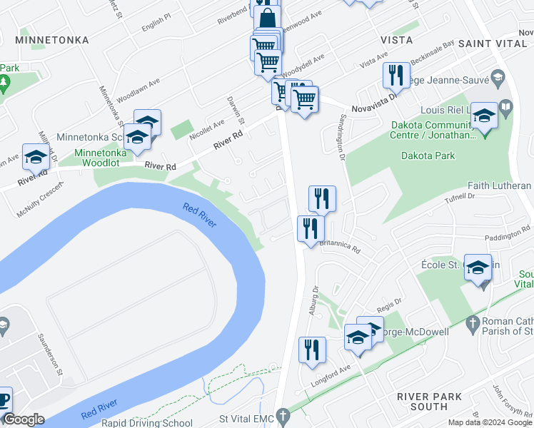 map of restaurants, bars, coffee shops, grocery stores, and more near 1730 Saint Mary's Road in Winnipeg