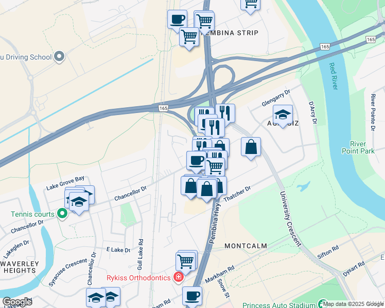 map of restaurants, bars, coffee shops, grocery stores, and more near 919 Chancellor Drive in Winnipeg