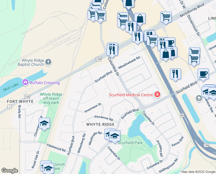 map of restaurants, bars, coffee shops, grocery stores, and more near Moncrief Lane in Winnipeg