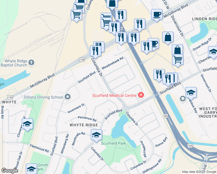 map of restaurants, bars, coffee shops, grocery stores, and more near Columbia Drive in Winnipeg