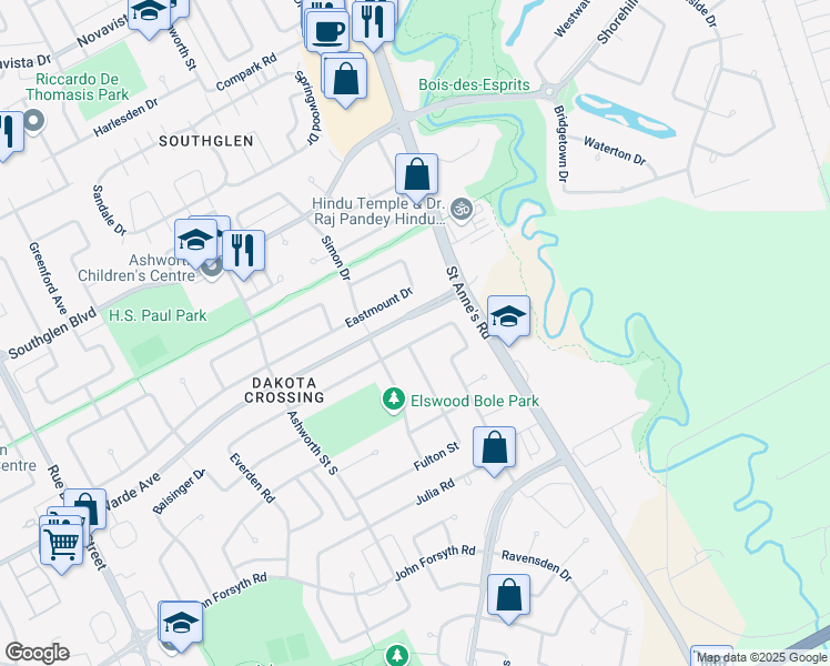 map of restaurants, bars, coffee shops, grocery stores, and more near 135 Abbotsfield Drive in Winnipeg