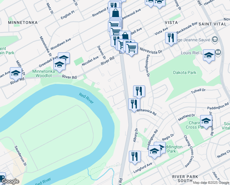 map of restaurants, bars, coffee shops, grocery stores, and more near 1730 Saint Mary's Road in Winnipeg