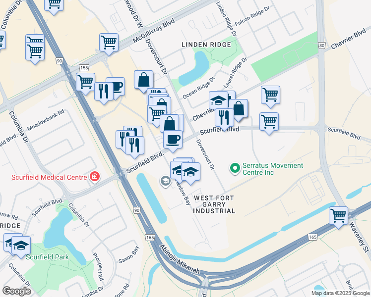 map of restaurants, bars, coffee shops, grocery stores, and more near 104 Scurfield Boulevard in Winnipeg