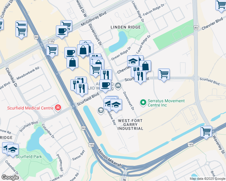 map of restaurants, bars, coffee shops, grocery stores, and more near 104 Scurfield Boulevard in Winnipeg