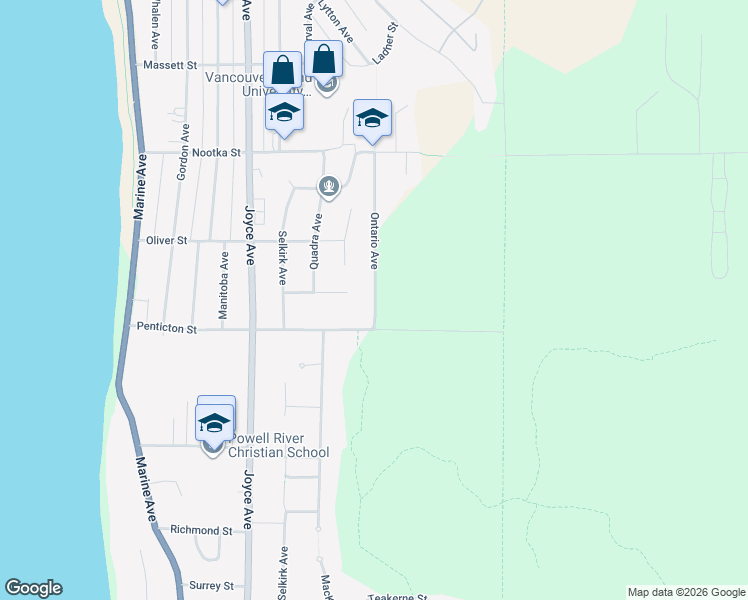 map of restaurants, bars, coffee shops, grocery stores, and more near 3755 Ontario Avenue in Powell River