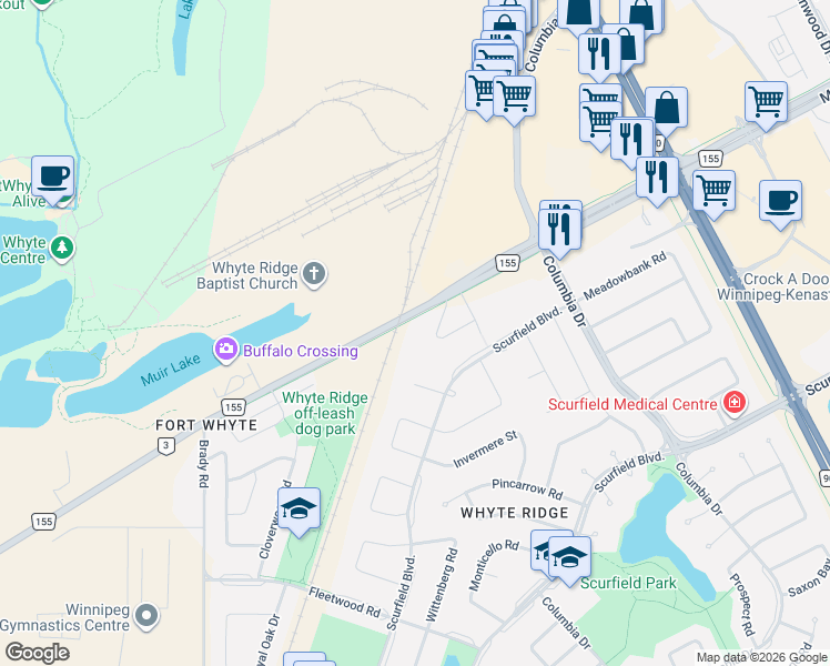 map of restaurants, bars, coffee shops, grocery stores, and more near 2395 McGillivray Boulevard in Winnipeg
