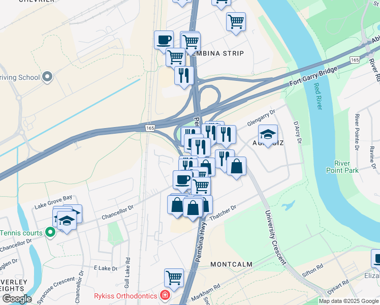 map of restaurants, bars, coffee shops, grocery stores, and more near 2005 Pembina Highway in Winnipeg