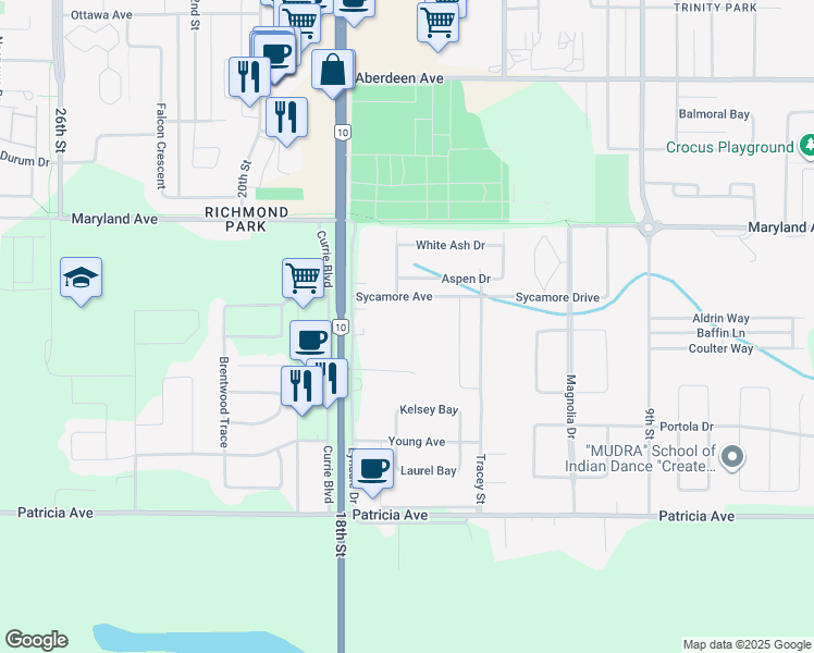 map of restaurants, bars, coffee shops, grocery stores, and more near 1640 Sycamore Drive in Brandon