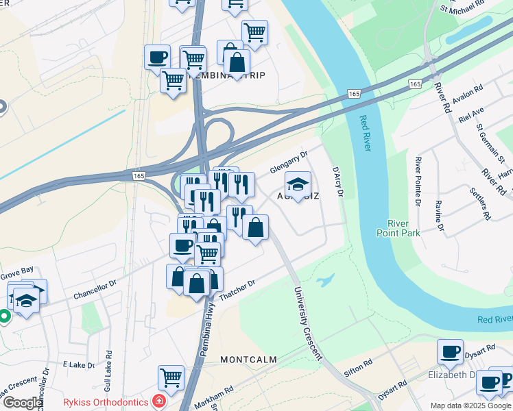 map of restaurants, bars, coffee shops, grocery stores, and more near 41 Agassiz Drive in Winnipeg