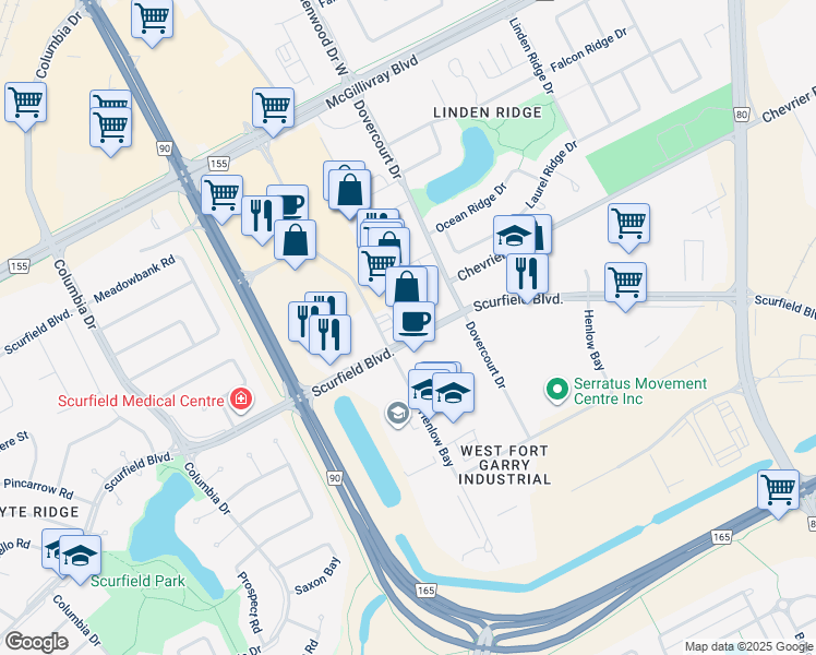 map of restaurants, bars, coffee shops, grocery stores, and more near 99 Scurfield Boulevard in Winnipeg