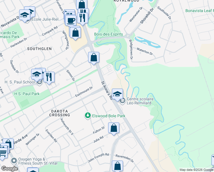 map of restaurants, bars, coffee shops, grocery stores, and more near Warde Avenue in Winnipeg