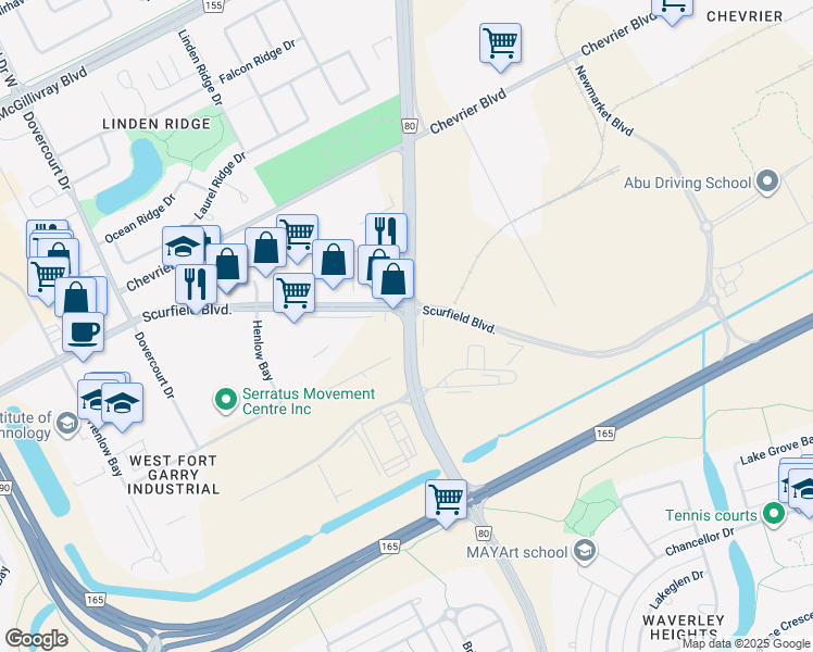 map of restaurants, bars, coffee shops, grocery stores, and more near Route 80 in Winnipeg